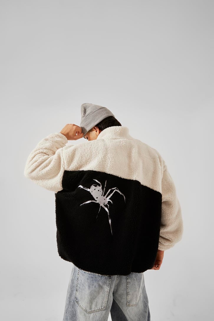 Spider Baskılı Peluş Siyah Oversize Hoodie