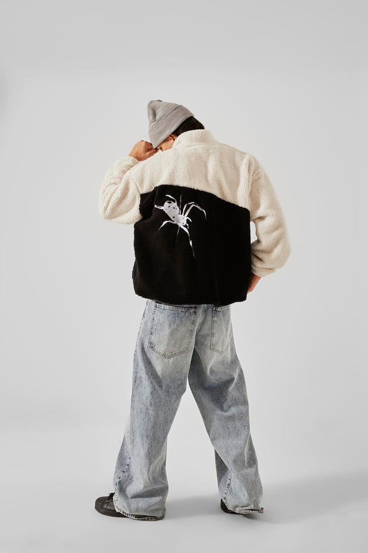 Spider Baskılı Peluş Siyah Oversize Hoodie