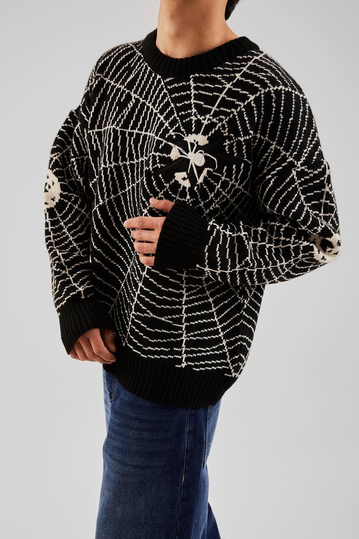 Spider Web Nakışlı Siyah Triko Kazak