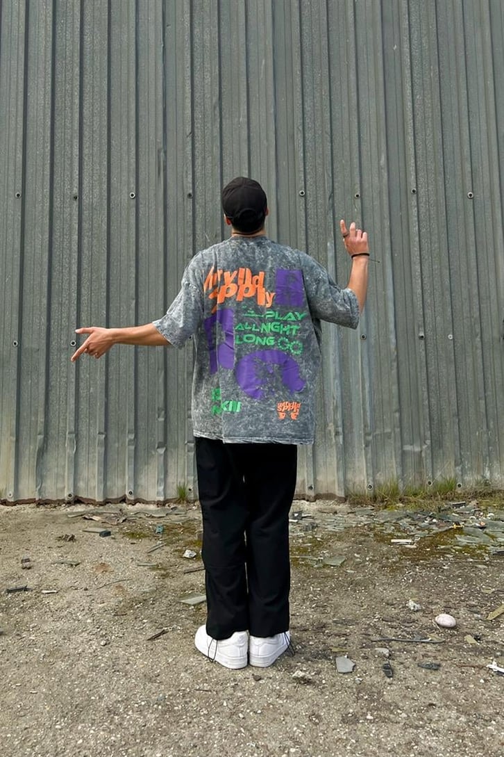 Spply Sırt Baskılı Acid Wash Oversize Tişört