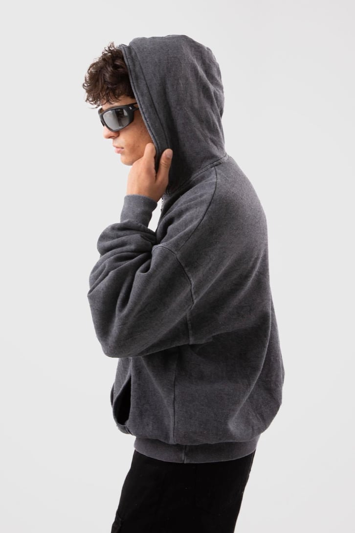 Star Nakışlı Oversize Acid Wash Zip Hoodie