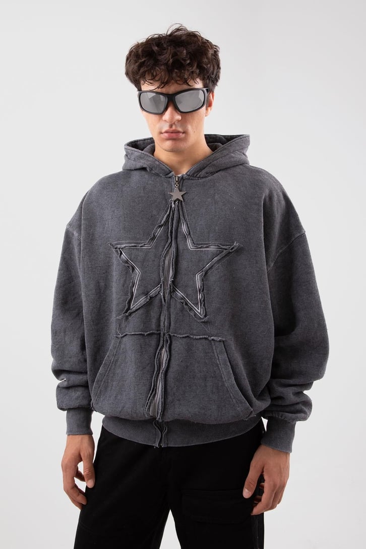 Star Nakışlı Oversize Acid Wash Zip Hoodie