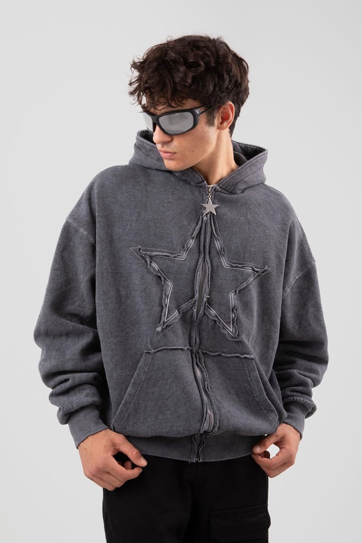 Star Nakışlı Oversize Acid Wash Zip Hoodie