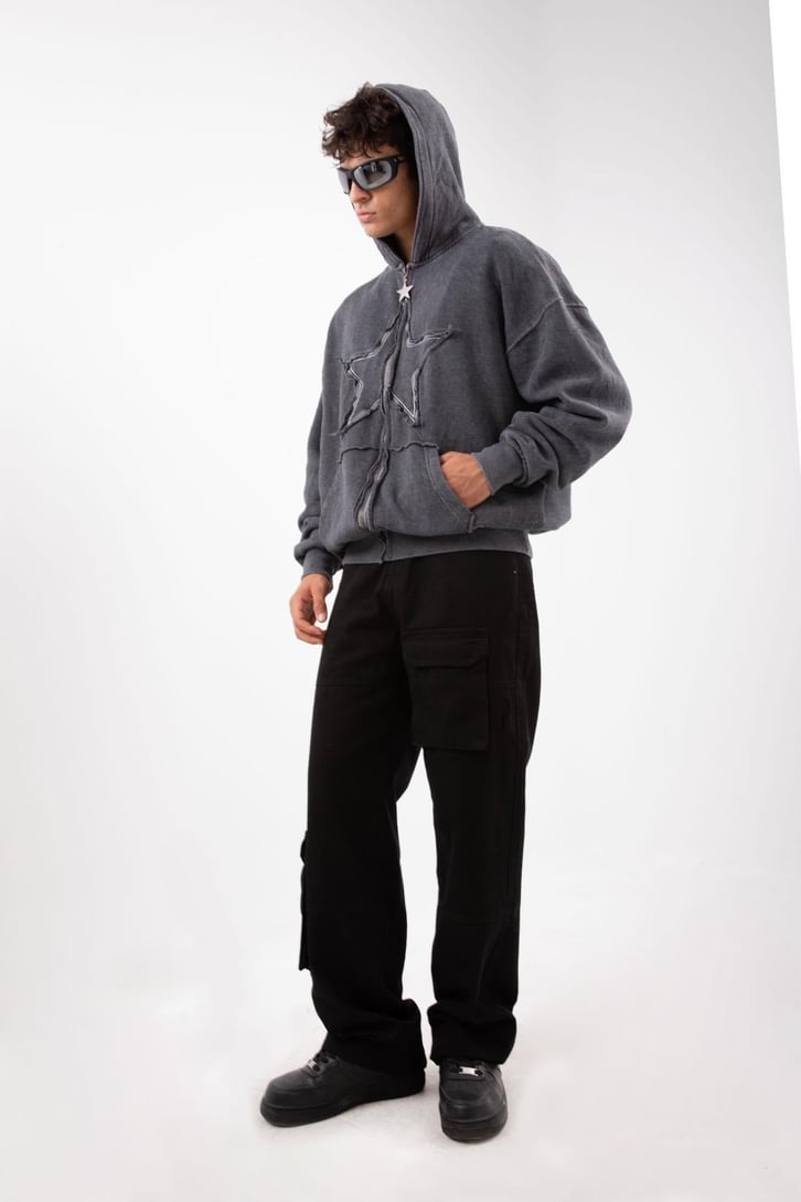 Star Nakışlı Oversize Acid Wash Zip Hoodie