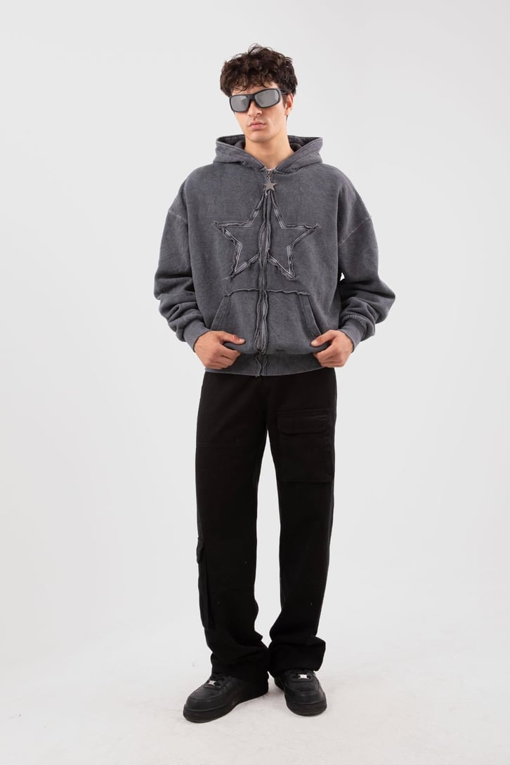 Star Nakışlı Oversize Acid Wash Zip Hoodie