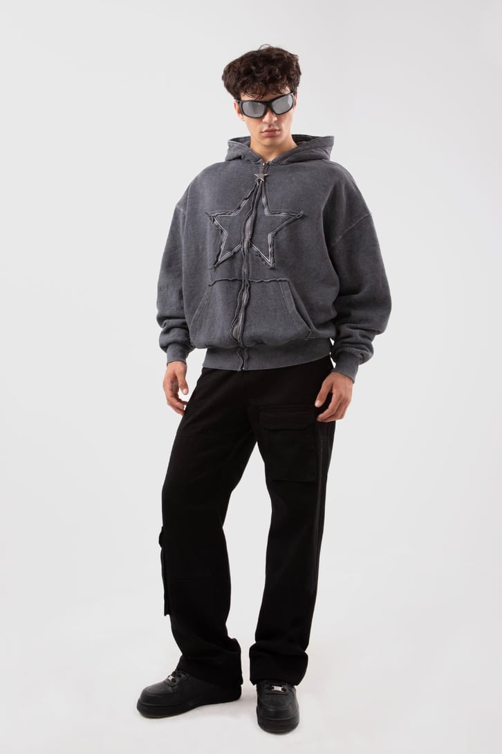 Star Nakışlı Oversize Acid Wash Zip Hoodie