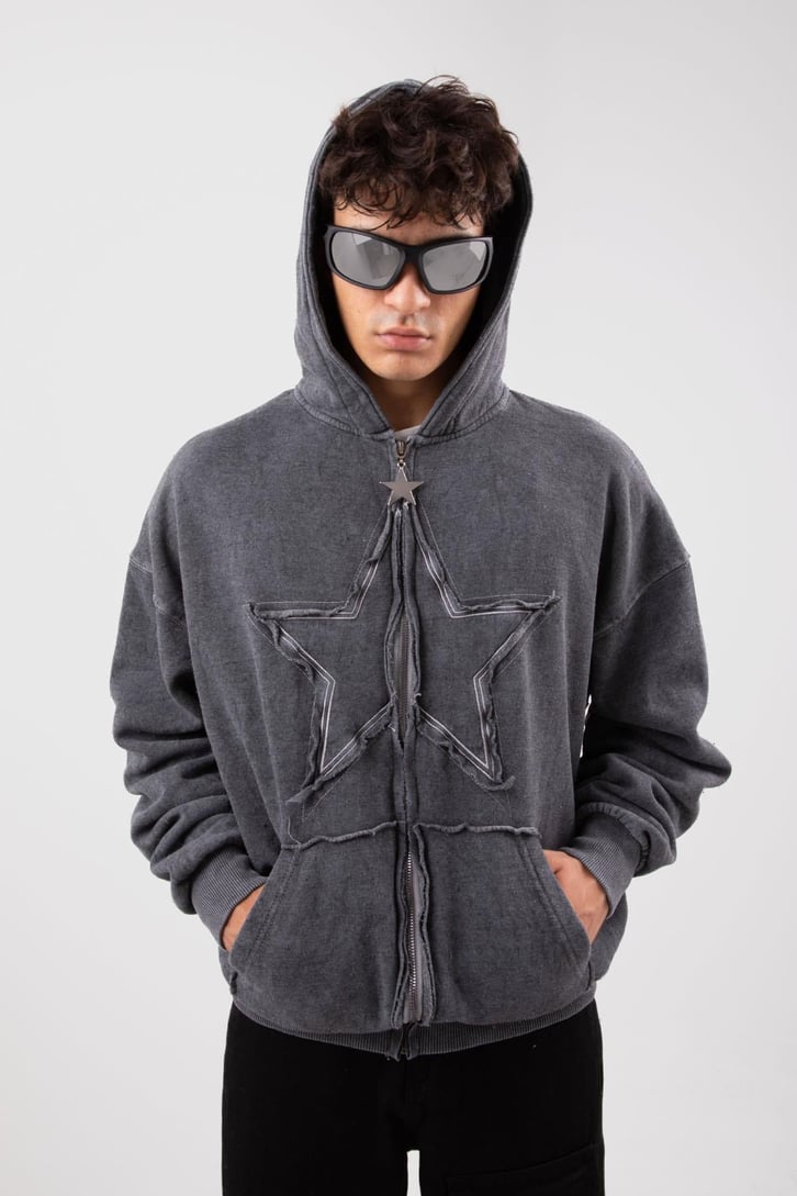 Star Nakışlı Oversize Acid Wash Zip Hoodie