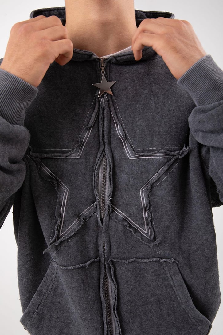 Star Nakışlı Oversize Acid Wash Zip Hoodie