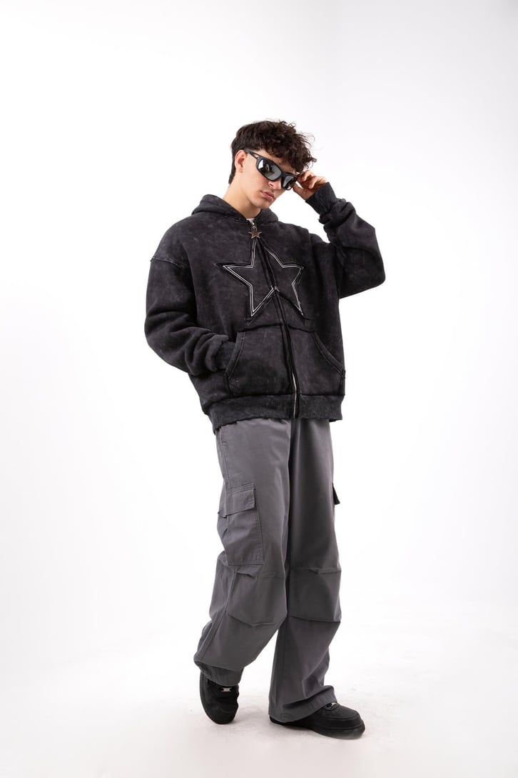 Star Nakışlı Oversize Antrasit Zip Hoodie