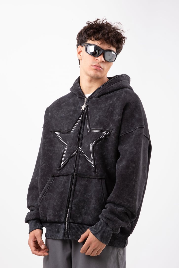 Star Nakışlı Oversize Antrasit Zip Hoodie
