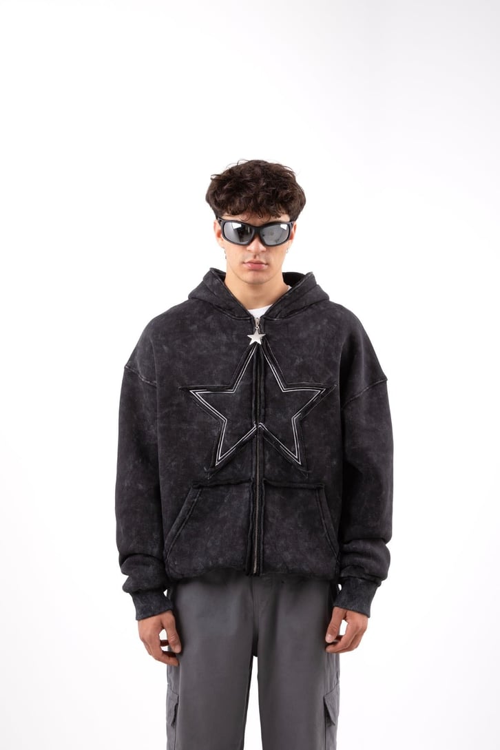 Star Nakışlı Oversize Antrasit Zip Hoodie
