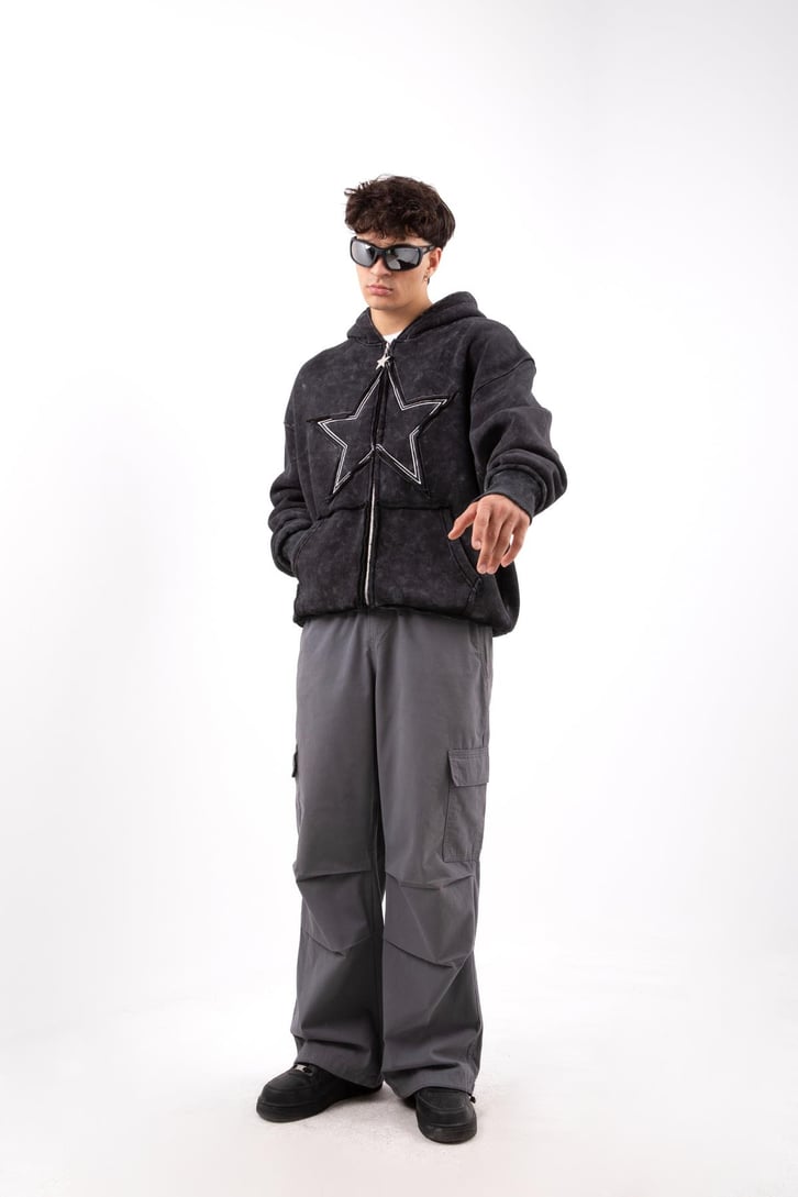 Star Nakışlı Oversize Antrasit Zip Hoodie