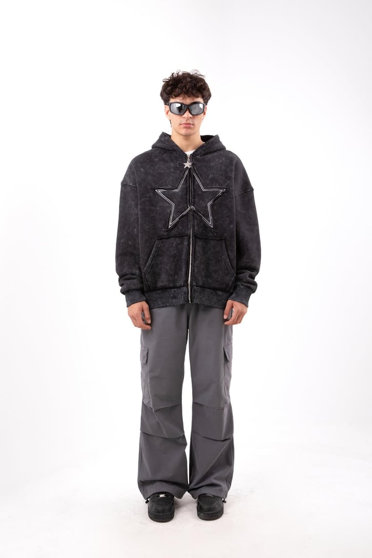 Star Nakışlı Oversize Antrasit Zip Hoodie