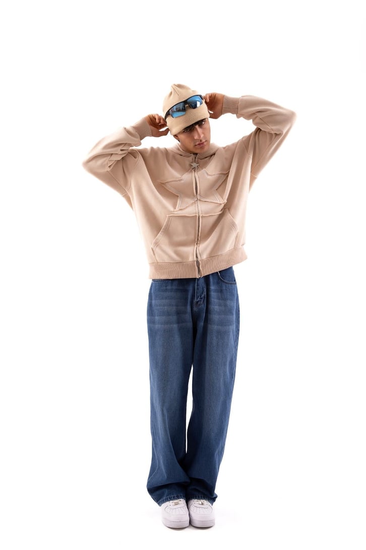 Star Nakışlı Oversize Bej Zip Hoodie