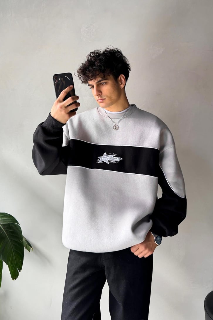 Star Nakışlı Oversize Bisiklet Yaka Sweatshirt
