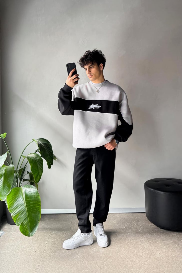 Star Nakışlı Oversize Bisiklet Yaka Sweatshirt
