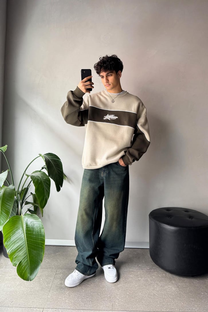 Star Nakışlı Oversize Bisiklet Yaka Sweatshirt