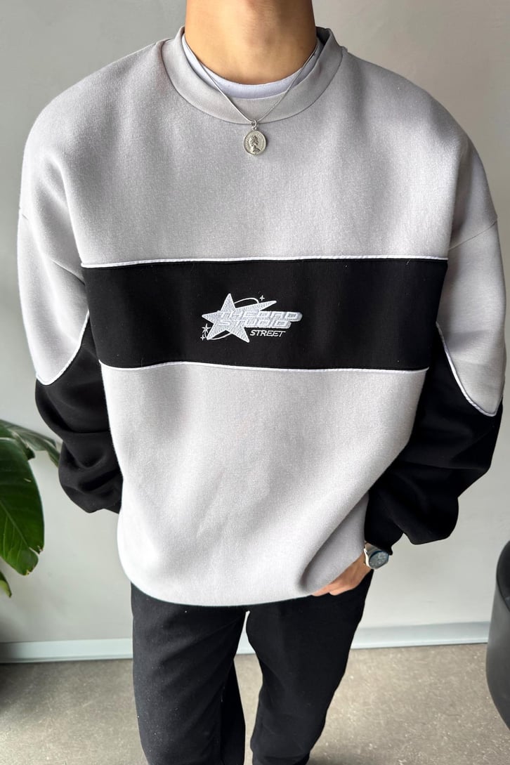 Star Nakışlı Oversize Bisiklet Yaka Sweatshirt