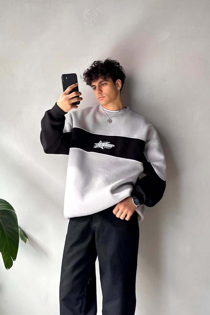 Star Nakışlı Oversize Bisiklet Yaka Sweatshirt