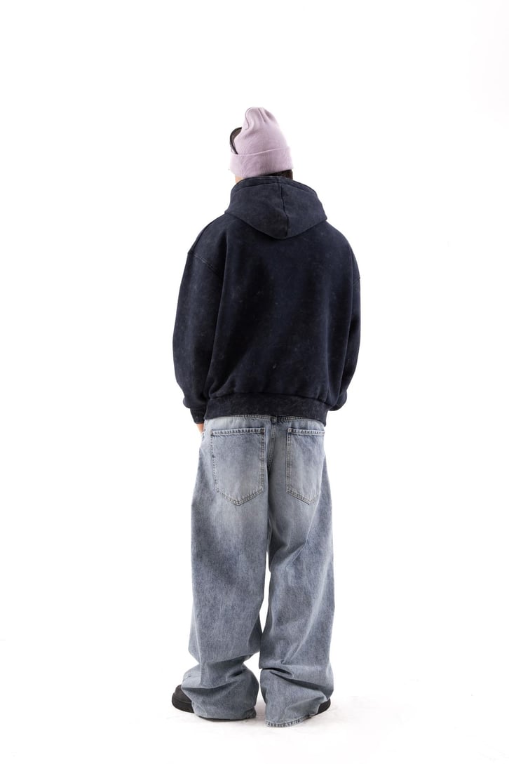 Star Nakışlı Oversize Lacivert Zip Hoodie