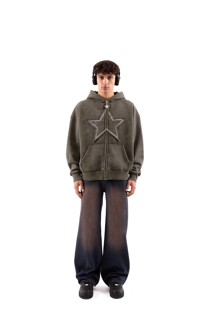 Star Nakışlı Oversize Yeşil Zip Hoodie