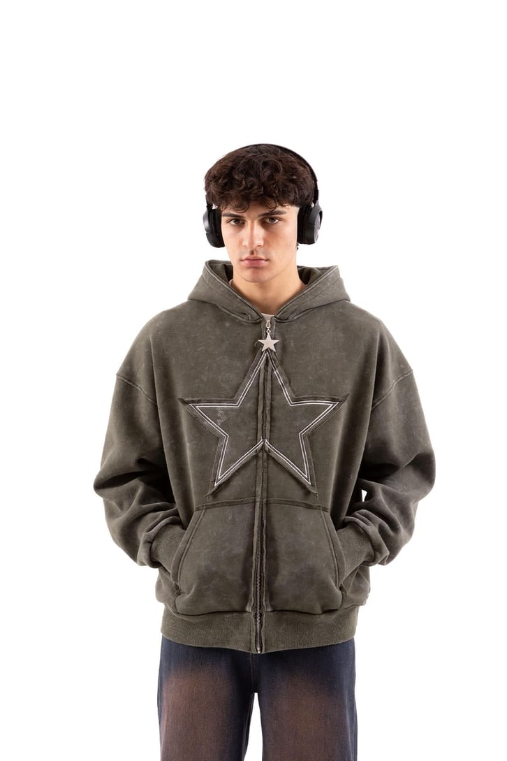 Star Nakışlı Oversize Yeşil Zip Hoodie