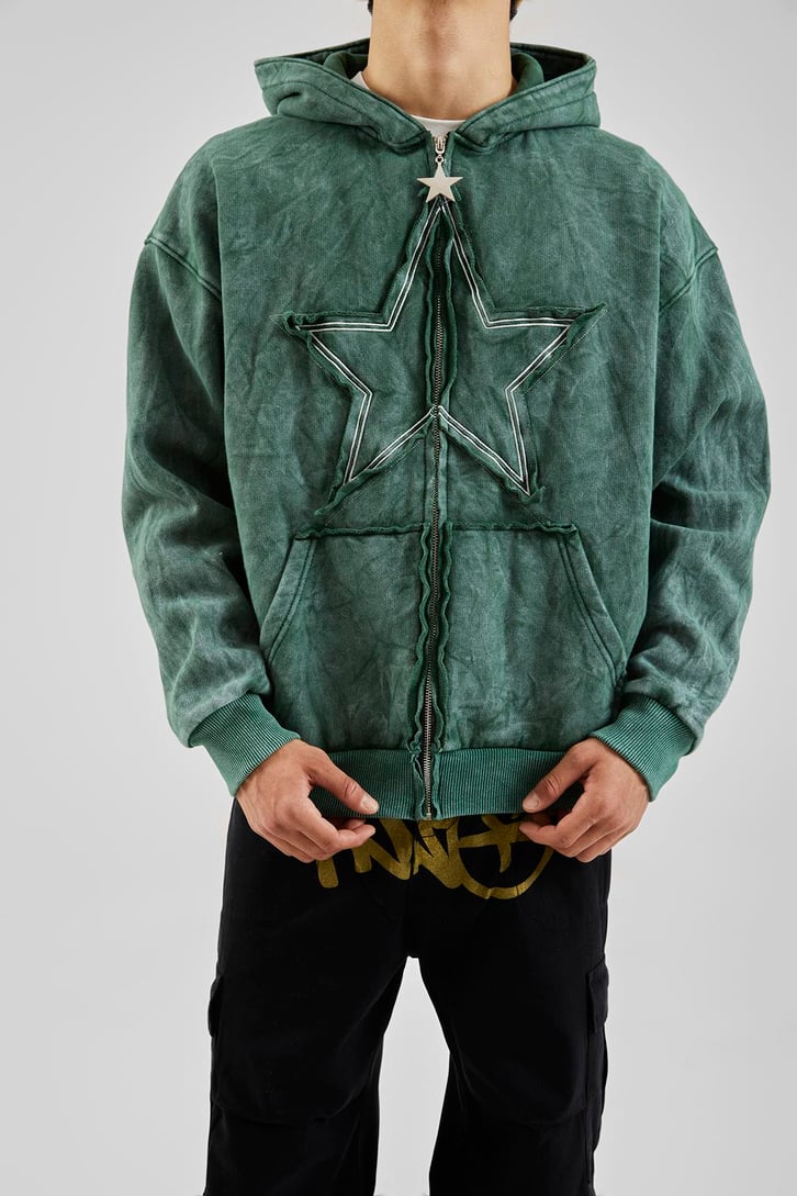 Star Nakışlı Oversize Yeşil Zip Hoodie