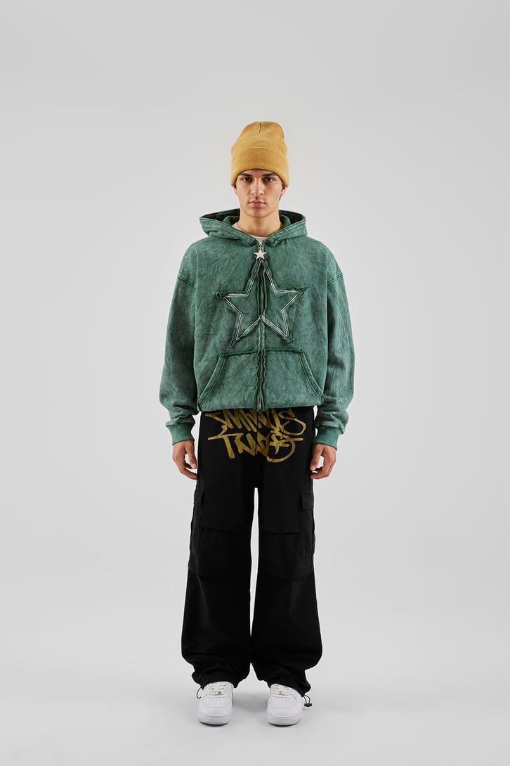 Star Nakışlı Oversize Yeşil Zip Hoodie