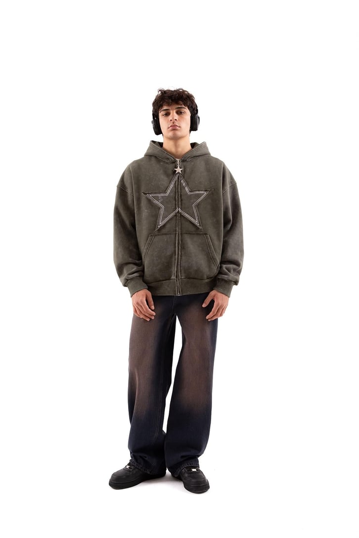 Star Nakışlı Oversize Yeşil Zip Hoodie