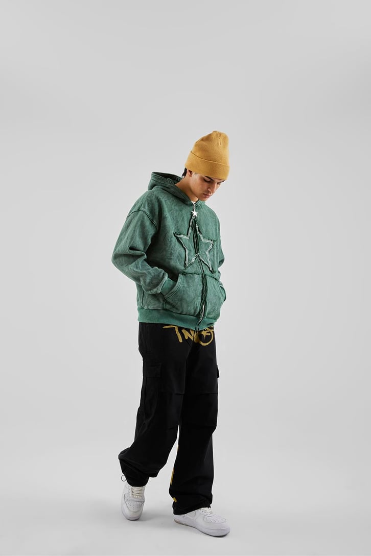 Star Nakışlı Oversize Yeşil Zip Hoodie