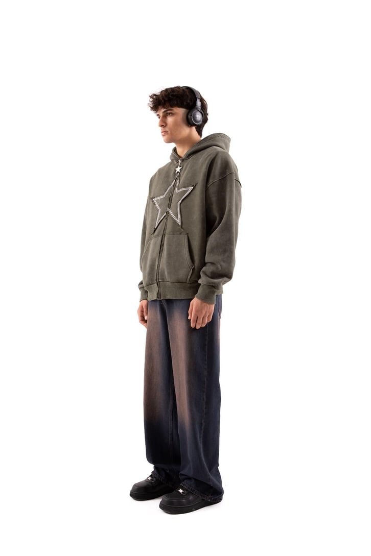 Star Nakışlı Oversize Yeşil Zip Hoodie