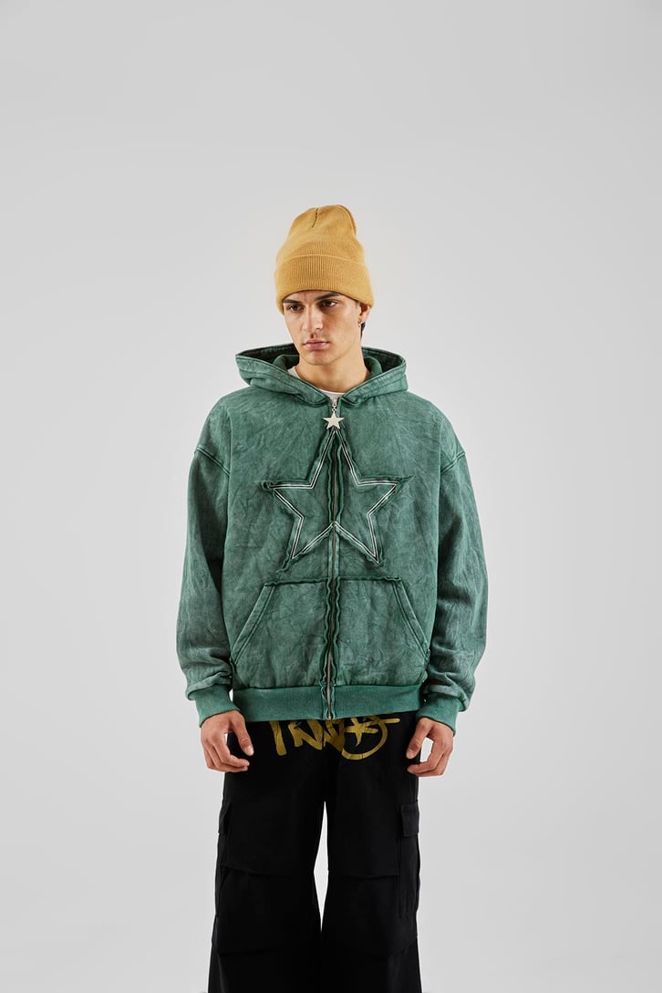 Star Nakışlı Oversize Yeşil Zip Hoodie