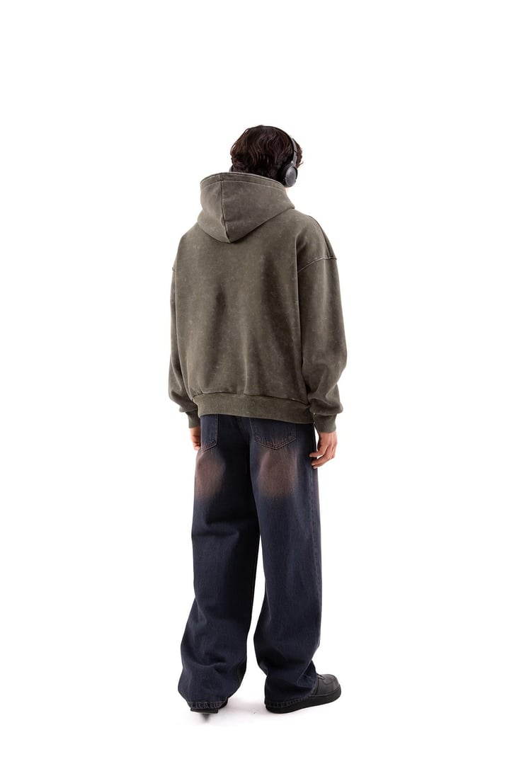Star Nakışlı Oversize Yeşil Zip Hoodie
