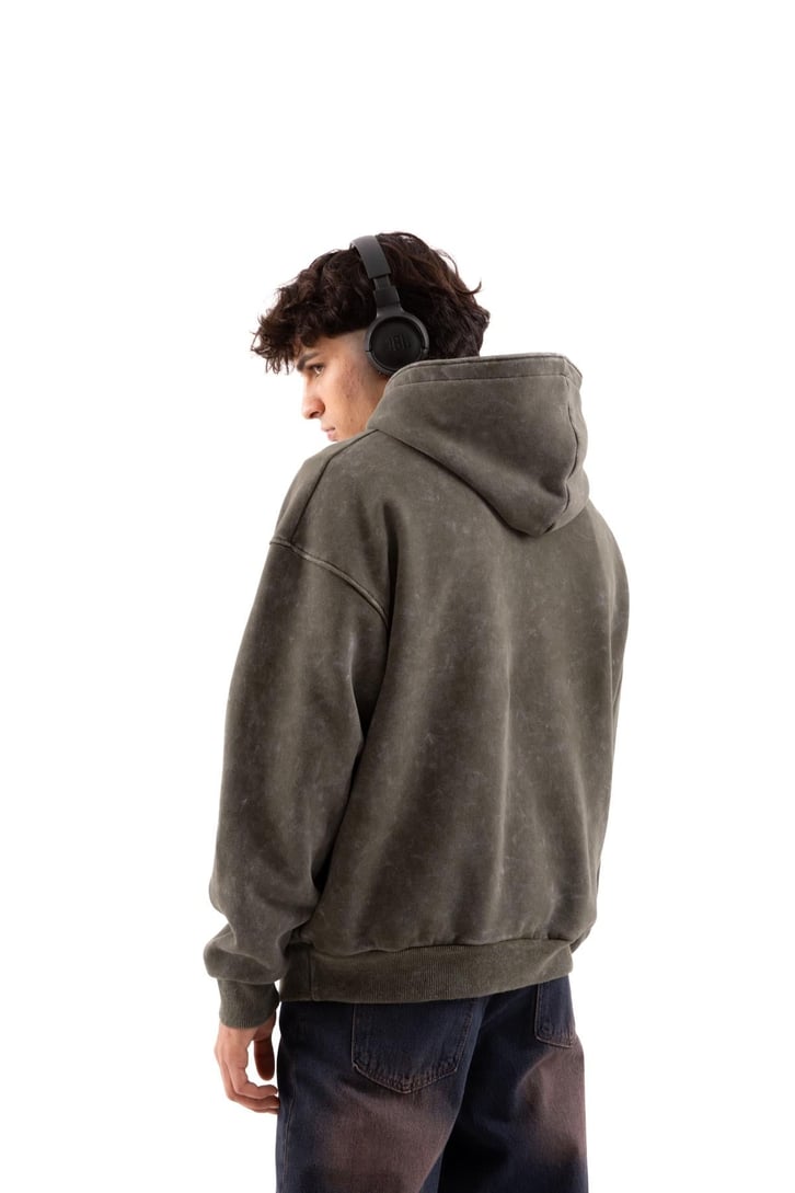 Star Nakışlı Oversize Yeşil Zip Hoodie