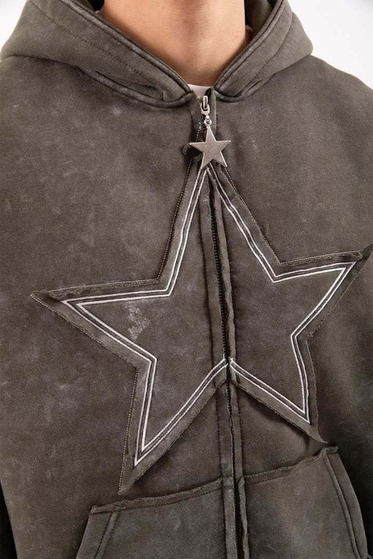 Star Nakışlı Oversize Yeşil Zip Hoodie