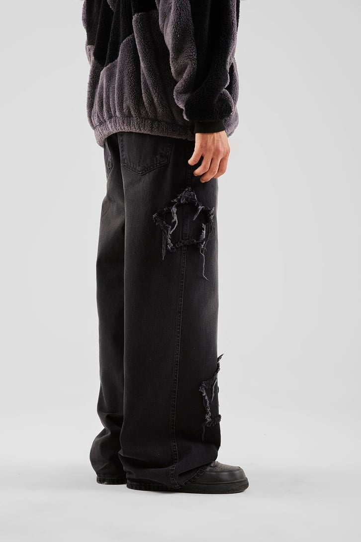 Star Patch Detay Acid Wash Baggy Jean