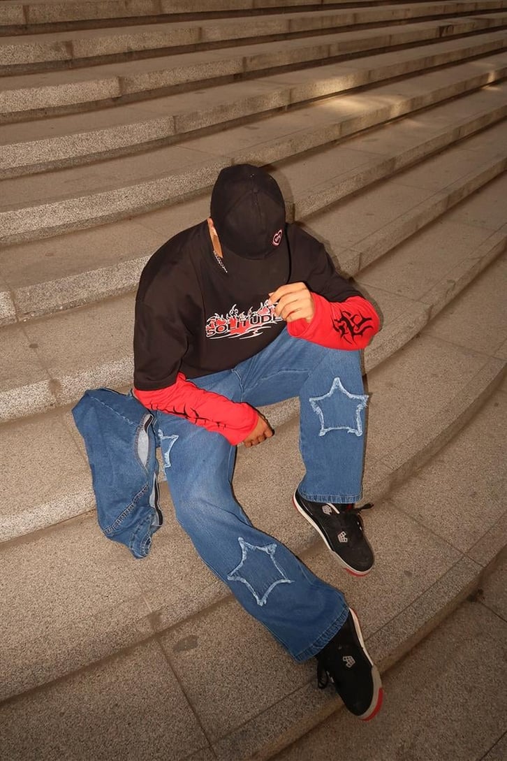 Star Patch Detay Mavi Baggy Jean