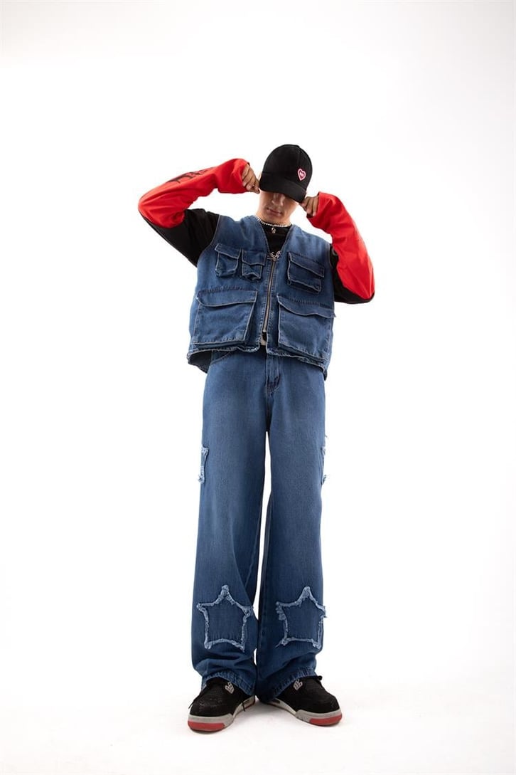 Star Patch Detay Mavi Baggy Jean