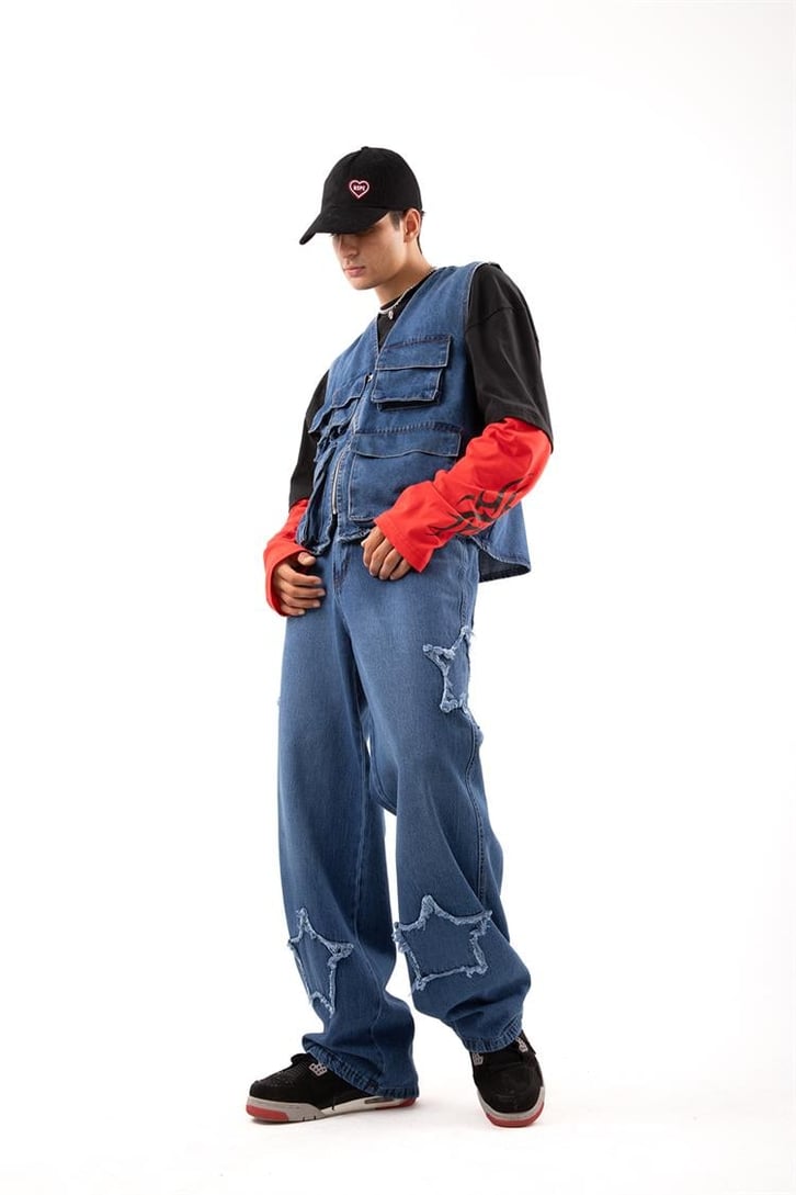 Star Patch Detay Mavi Baggy Jean
