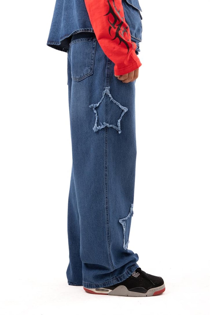 Star Patch Detay Mavi Baggy Jean