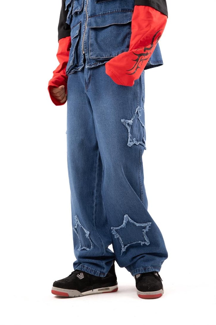 Star Patch Detay Mavi Baggy Jean