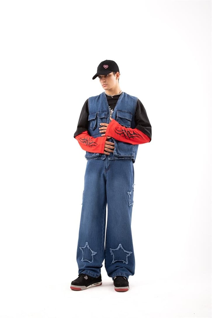 Star Patch Detay Mavi Baggy Jean