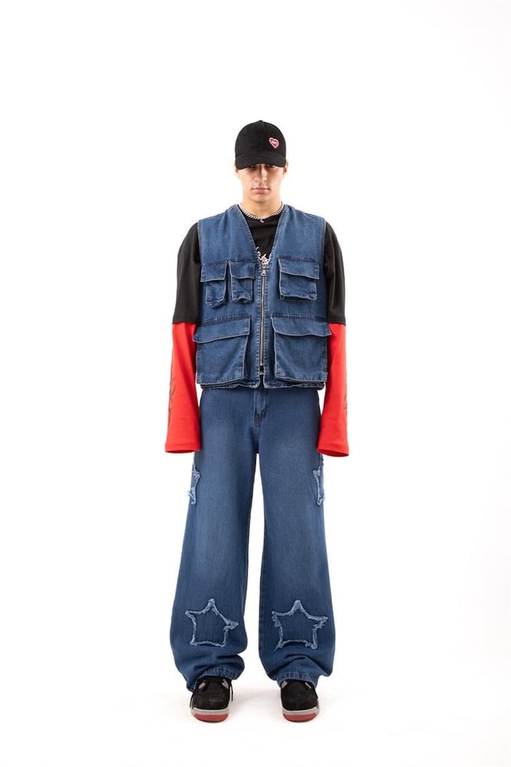 Star Patch Detay Mavi Baggy Jean