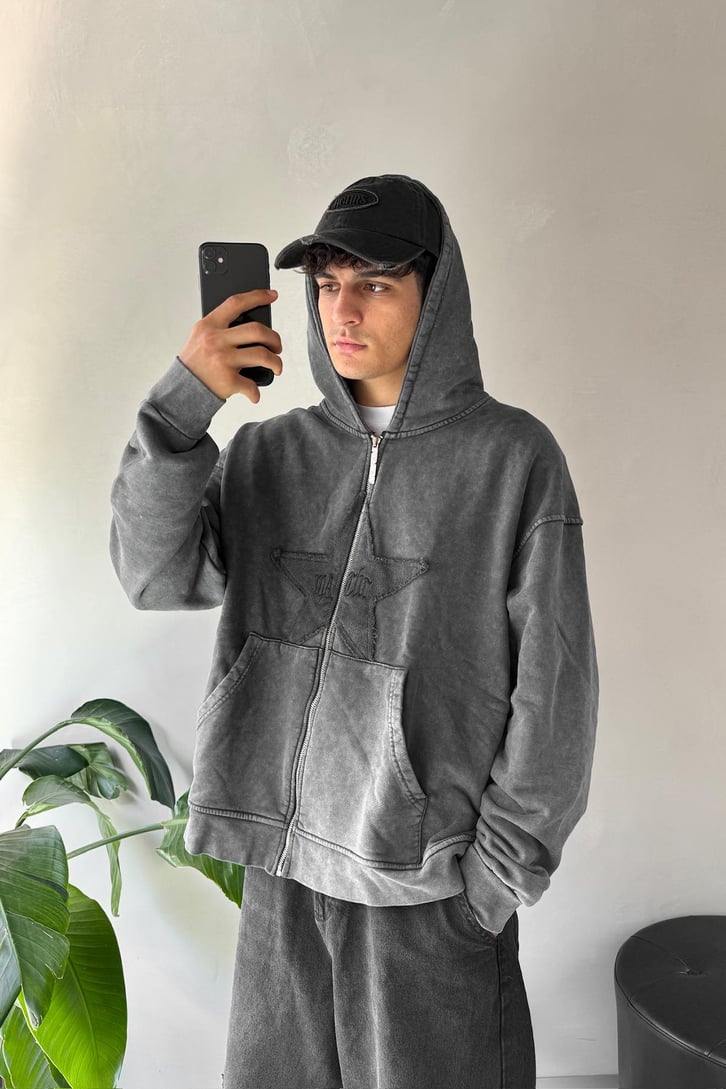 Starry Nakışlı Zip Oversize Hoodie