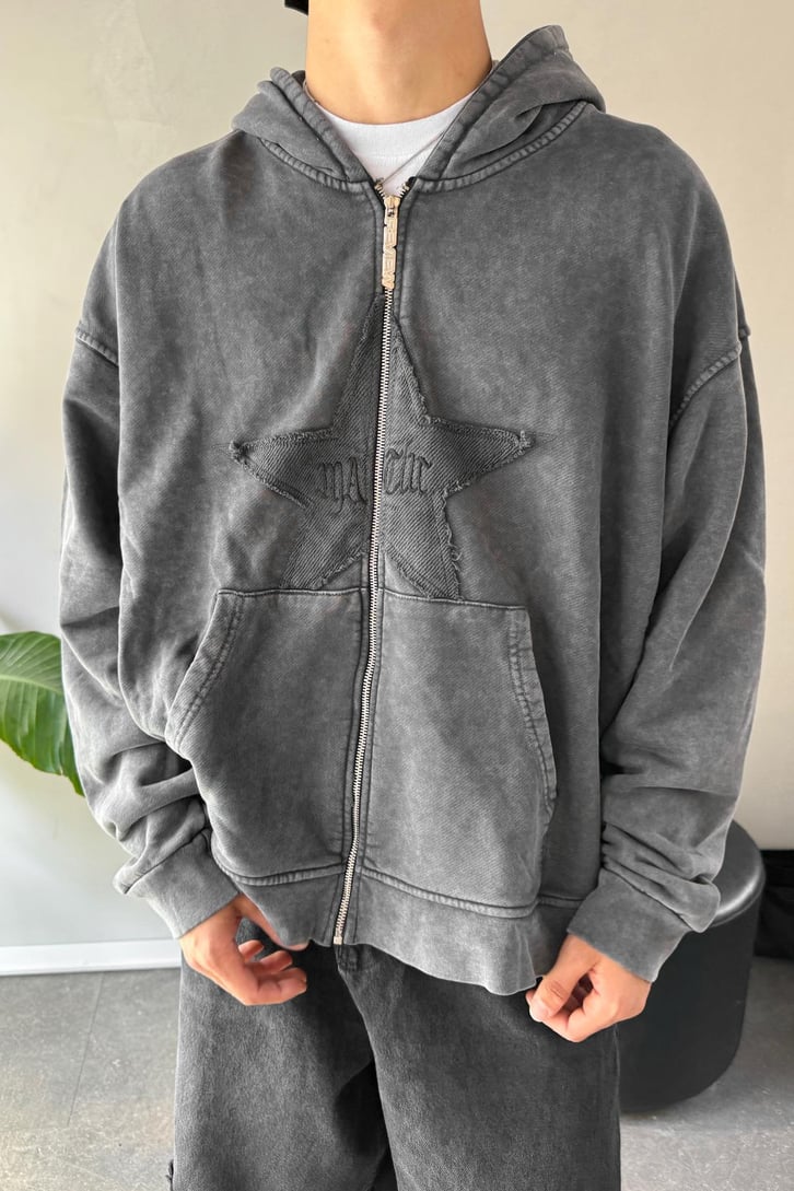 Starry Nakışlı Zip Oversize Hoodie