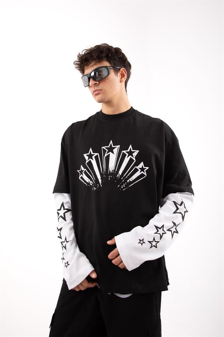 Stars Baskılı Siyah Oversize Long Sleeve Tişört