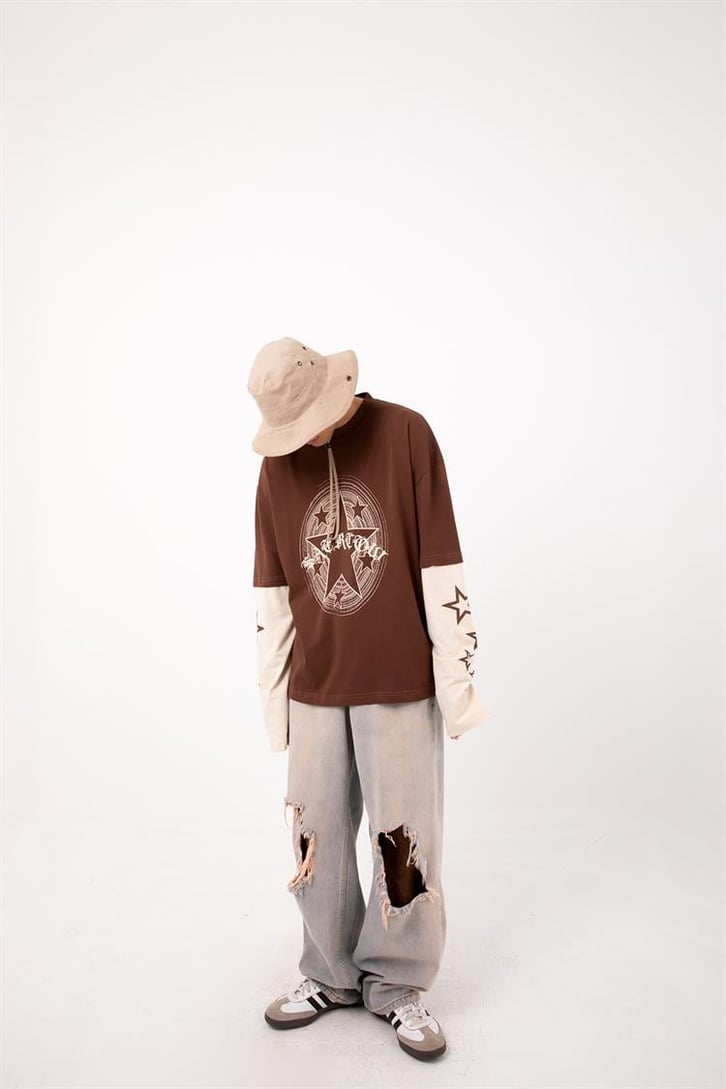Starz Baskılı Kahverengi Oversize Long Sleeve Tişört