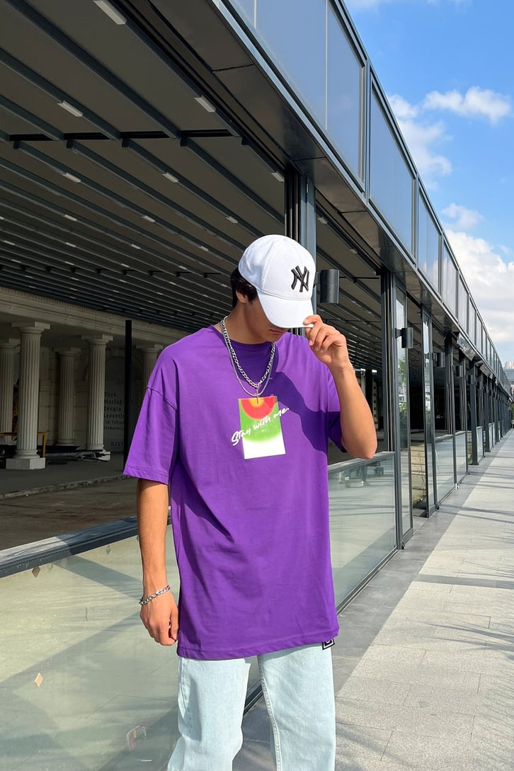 Stay With Me Baskılı Mor Oversize Tshirt