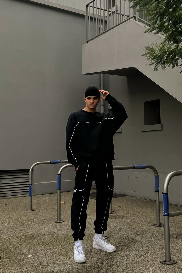 Striped Detail Siyah Jogger Eşofman Altı