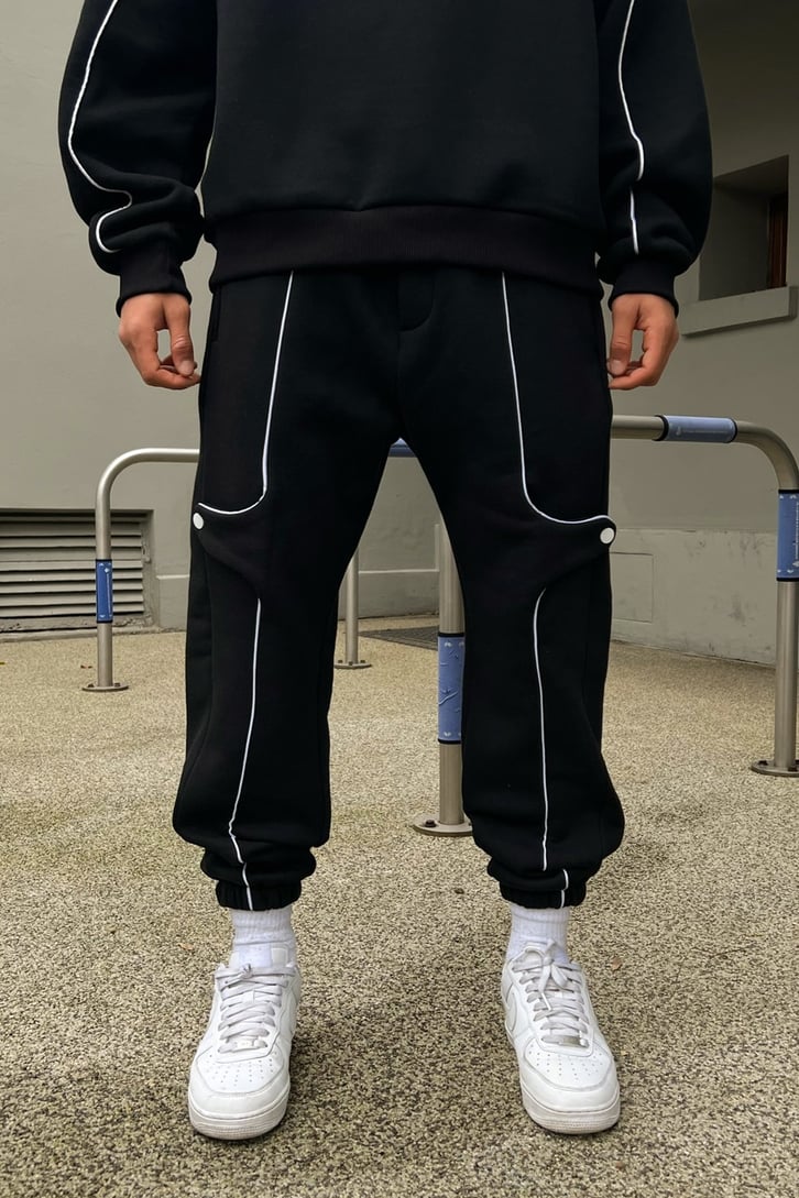Striped Detail Siyah Jogger Eşofman Altı